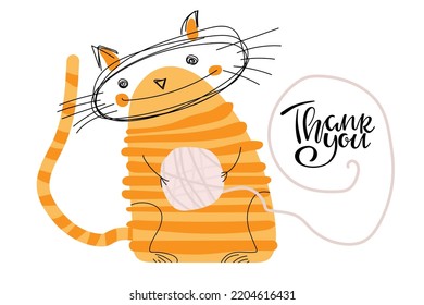 Thank You text and Cute cat. Cartoon character for Thank you day card. Good smiling cut holding thread ball. Handwritten calligraphy brush lettering. Flat vector illustration on white background