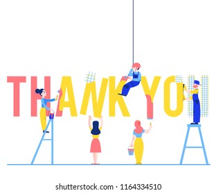 Thank you text design vector illustration with people constructing and painting big sign isolated on white background - flat male and female characters building letters.