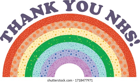 Thank you text and drawn rainbow with pattern fills. Key workers support. Banner, sign, poster, background, wrapping, gifts, scrapbooking. Vector illustration.