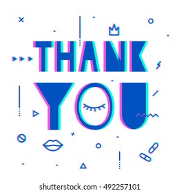 Thank you text with elements of psychedelic 80's style. Coloured textured hipster style letters by hand.