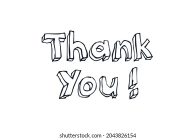 Thank You Text Hand Drawn Black White Lettering Outline Style with Line Shadow isolated on White Background. Simple Greeting Card Vector Illustration. Flat Vector Design Template Element.