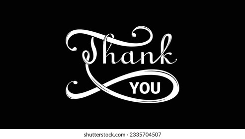 Thank you text. Handwritten Calligraphic Lettering in white color on a black background. Great for banners, T-shirt printing, and posters. Vector illustration.
