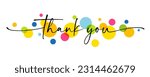 Thank you text handwritten with swirl ribbons and colored circles. Vector phrase design for card or banner