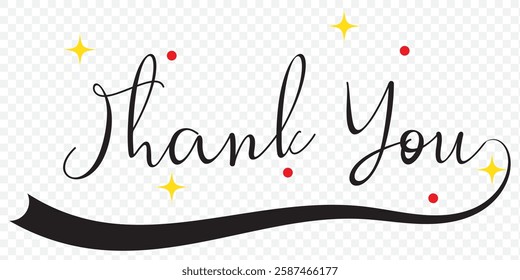 Thank you text handwritten with swirl ribbons and colored circles. Vector phrase design for card or banner. EPS 10.