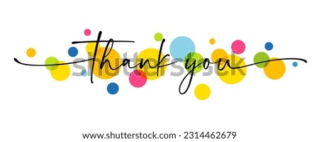 Thank you text handwritten with swirl ribbons and colored circles. Vector phrase design for card or banner 商業照片 © 