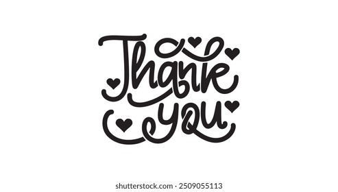 'Thank You' text handwritten typography. Handwriting lettering monoline style with love symbol ornament. Great for greeting cards, banners, and social media posts. vector Illustration