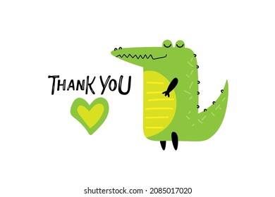 Thank You text with heart and Cartoon crocodile. Cute cartoon character for Thank you day card. Good smiling crocodile. Hand drawn lettering. Flat vector illustration on white background.