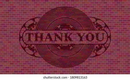 Thank you text inside brick stone wall emblem. Tiles exquisite background. Vector illustration. 