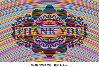 Thank you text inside colorful realistic badge. Showy delicate background. Intense illustration. 