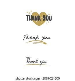 Thank you text lettering collection. Thanks message in hand drawn style typo. Handwriting letter with golden frames collection.