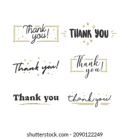 Thank you text lettering collection. Thanks message in hand drawn style typo. Handwriting letter with golden frames collection.