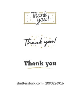 Thank you text lettering collection. Thanks message in hand drawn style typo. Handwriting letter with golden frames collection.