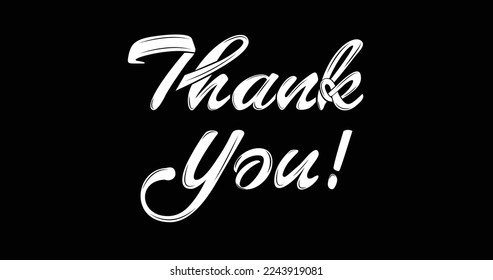 Thank you text lettering in white color on a black background is suitable for the banner, covers, T-shirt prints, and posters. Thank you card. Vector illustration.

