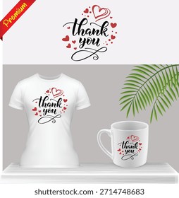 Diseño de logotipo de texto "Gracias" con corazones y estampado gráfico de hojas de palma en camiseta y taza blancas. Maqueta de Mercancía de gratitud. Vector de eslogan de apreciación aislado sobre fondo transparente.