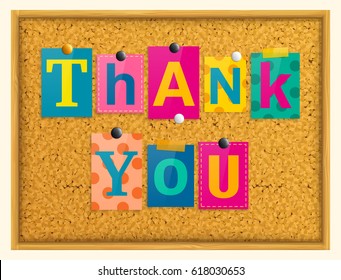 Thank you text from magazine letters pinned to a cork notice board with push pins. Vector.