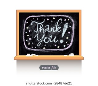 Thank You Text message. Chalkboard isolated texture background. Hand drawn vector illustration. Kids, children beautiful drawing. Web, mobile interface template. Texture background wood, wooden frame 
