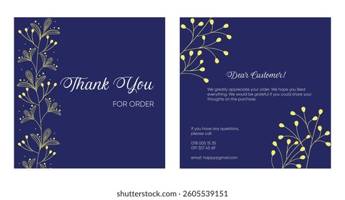 Thank You text message on paper card with yellow flowers border frame on blue background