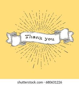 Thank you! Thank you text on vintage hand drawn ribbon. Graphic art design on yellow background.