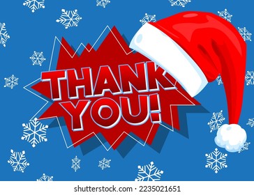 Thank You text with Red Santa Claus Hat. Christmas Holiday Greeting Card.