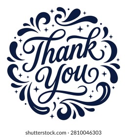 Thank you text rendered in elegant dark blue calligraphy surrounded by intricate swirling flourishes and sparkling stars arranged in a circular formation to create a sophisticated and artistic design perfect for expressing sincere gratitude in various professional or personal creative projects.