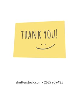 Thank you text with smile face. Yellow note. Vector illustration