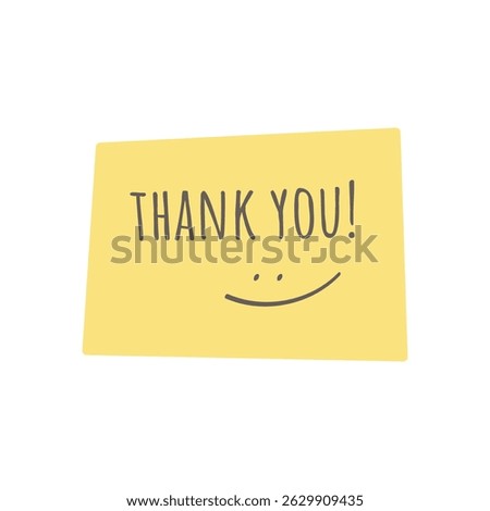 Thank you text with smile face. Yellow note. Vector illustration