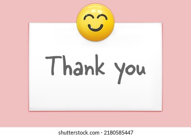 Thank You Text And Smile Pin On Office Paper Sheet Or Sticky Sticker Isolated On A Pink Background. Vector Yellow Post Note With Cute Happy Face For Your Design