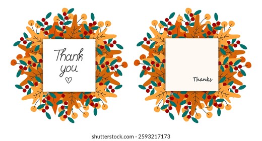 Thank you Thanks Freehand text square Note Pages Autumn leaves Wreaths. Thanksgiving greeting Set 2
