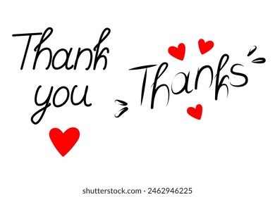 Thank you Thanks Hand drawn lettering with decorative elements and hearts shape Greetings concept