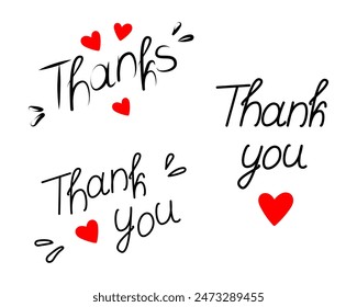 Thank you Thanks Hand drawn lettering with red hearts and decorative elements Greetings or card idea