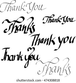 THANK YOU, THANKS written with different calligraphic fonts. Vector lettering