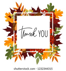 Thank you. Thanksgiving hand lettering quote in autumn leaves wreath. Handwritten calligraphy in vector wreath framing.