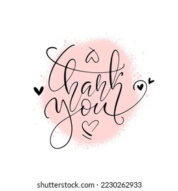 Thank you thin elegant inscription with tiny hearts on pink spray paint background. Vector hand writing lettering. Square composition common words dor cards, banners, posters.