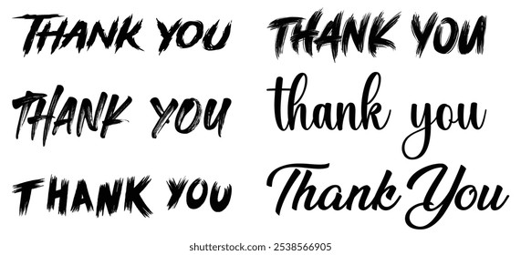 Thank you for typography brush design. Thank you text or lettering. Script and handwritten typography. thank logo collection. Thank you black ink brush calligraphy isolated on white background. Vector