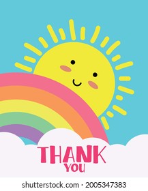 Thank you typography design with cute sun, cloud and rainbow background for greeting card, postcard, poster and banner.