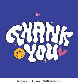 Thank you typography greeting card with hearts, smile emoji icon. Trendy modern wavy font for greeting Thanks. Hand drawn lettering sticker, logo for Thanksgiving day. Vector illustration template