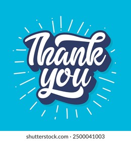 Thank you typography greeting card on blue background. Thank you text and lettering logo for thanksgiving day. Handwritten typography headline for banner, poster, flyer.