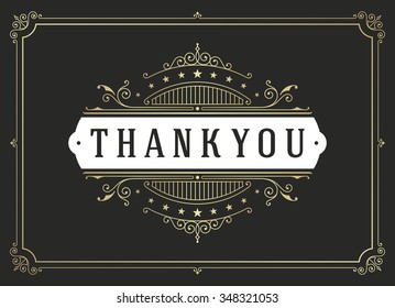Thank You Typography Message Vintage Greeting Card design template. Golden Flourishes calligraphic ornament Retro vector background.