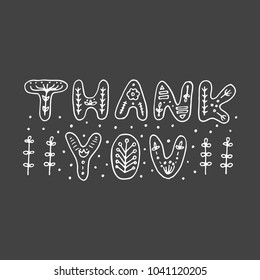 Thank you typography on blackboard background. Modern floral lettering in vector. Usable for greeting cards, t-shirts, decoration paper, etc.