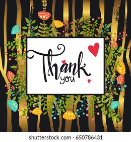 Thank you typography poster or card with hand drawn flower background. Motivational lettering. Vector illustration.