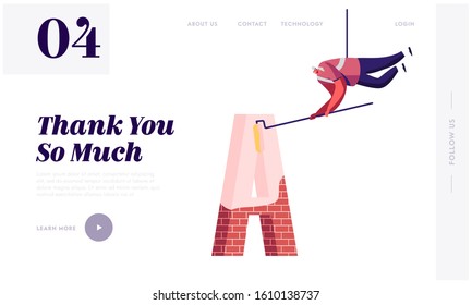 Thank You Typography Spelling Architecture, Design Website Landing Page. Worker with Roller Painting Huge Letter A made of Red Bricks with White Paint Web Page Banner. Cartoon Flat Vector Illustration