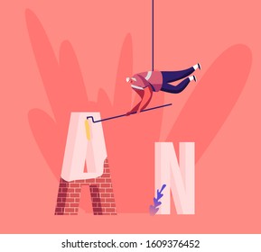 Thank You Typography Spelling. Worker in Hard Hat Hanging on Rope with Roller in Hands Painting Huge Letter A made of Red Bricks with White Paint. Architecture, Design Cartoon Flat Vector Illustration