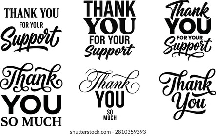 Thank you typography sticker set featuring professional handwritten gratitude quotes isolated on a clean white background