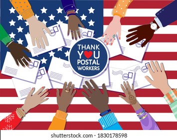 Thank You United States Postal Service Workers, Vector Banner. USA Flag, Envelopes, Diverse Hands,  Thank You Appreciation Sign To Post Office Heroes During 2020 Presidential Election, Covid Pandemic