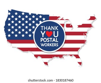 Gracias a los trabajadores del Servicio Postal de los Estados Unidos, pegatina vectorial, etiqueta, medios sociales resaltan la portada en el mapa estadounidense. Signo de agradecimiento a los héroes del correo durante las elecciones presidenciales de 2020 en Estados Unidos, que cubrieron 19 pandemias