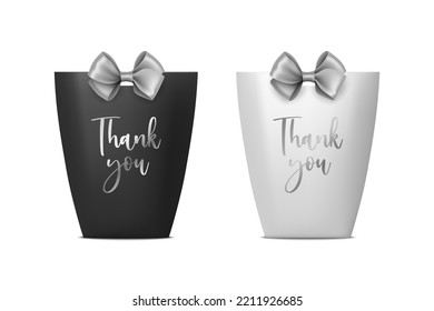 Thank You. Vector 3d Realistic Black and White Paper Gift Bag, Box for Birthday or Party with Gray Silver Bow, Ribbon. Carry Bag for Present Icon Set Isolated on White Background