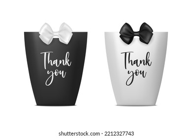 Thank You. Vector 3d Realistic Black and White Paper Gift Bag, Box for Birthday or Party with Gift Bow, Ribbon. Carry Bag for Present Icon Set Isolated on White Background
