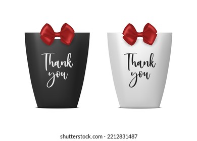 Gracias. Bolsa de regalo de papel blanco y negro realista Vector 3d, caja para cumpleaños o fiesta con cebo de regalo, cinta de opciones. Cargar bolsa para el conjunto de iconos actuales aislado en fondo blanco