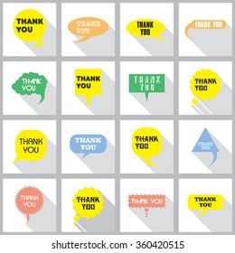 Thank you vector, appreciation and gratitude speech bubble set. Collection of cute speech balloon with shadows and writing on it. Icons set for business.  