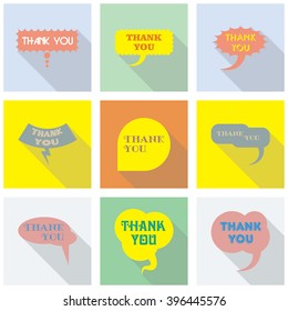 Thank you vector, appreciation and gratitude speech bubble set. Collection of cute speech balloon with shadows and writing on it. Icons set for business.  